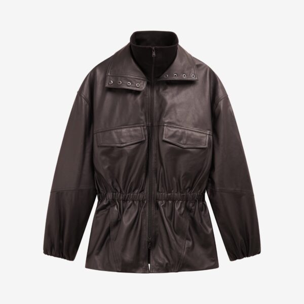 The Frankie Shop Carnaby Funnel Neck Leather Jacket - Dark Plum - Oversized Minimalist Jackets in Brown - Shop at Coveti