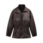 The Frankie Shop Carnaby Funnel Neck Leather Jacket - Dark Plum - Oversized Minimalist Jackets in Brown - Shop at Coveti