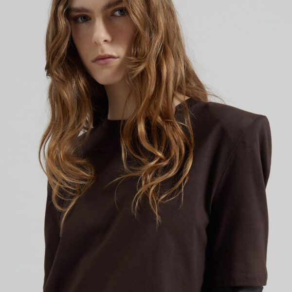 The Frankie Shop Carrington Padded Shoulder Tee - Brown - Oversized Minimalist Tops in Brown - Shop at Coveti