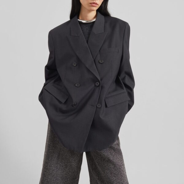 The Frankie Shop Daroca Double-Breasted Blazer - Charcoal - Oversized Minimalist Jackets in Grey - Shop at Coveti