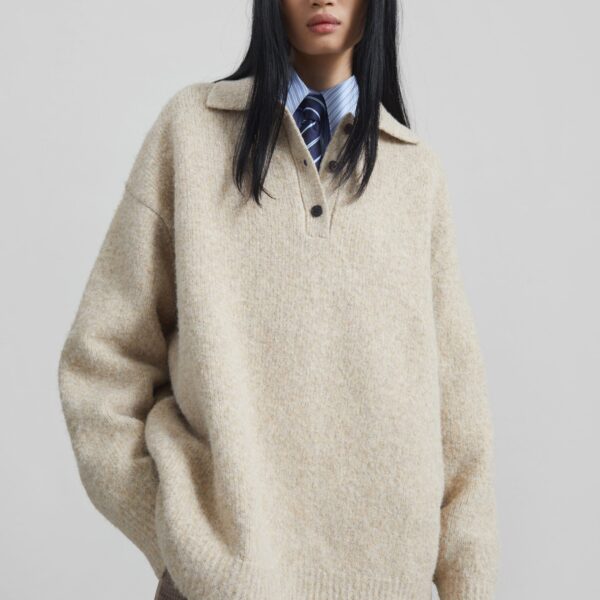 The Frankie Shop Dienne Polo Sweater - Beige - Oversized Minimalist Knitwear in Beige - Shop at Coveti