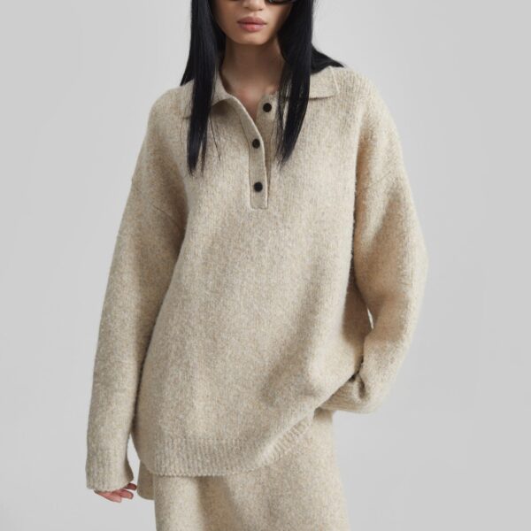 The Frankie Shop Dienne Polo Sweater - Beige - Oversized Minimalist Knitwear in Beige - Shop at Coveti