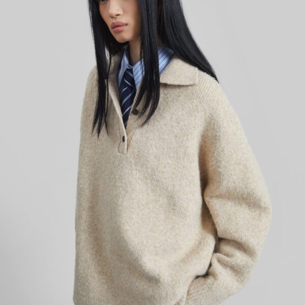 The Frankie Shop Dienne Polo Sweater - Beige - Oversized Minimalist Knitwear in Beige - Shop at Coveti