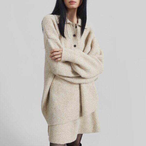 The Frankie Shop Dienne Polo Sweater - Beige - Oversized Minimalist Knitwear in Beige - Shop at Coveti