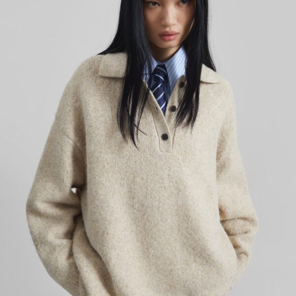 The Frankie Shop Dienne Polo Sweater - Beige - Oversized Minimalist Knitwear in Beige - Shop at Coveti