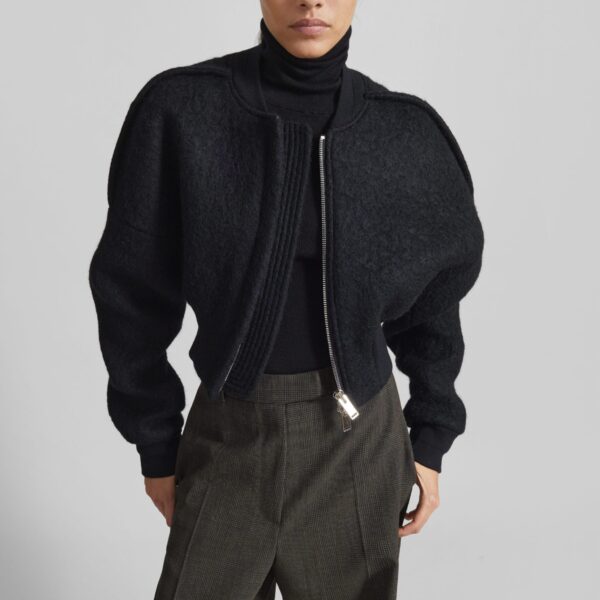 The Frankie Shop Dimaro Wool Cropped Bomber Jacket - Black - Oversized Minimalist Jackets in Black - Shop at Coveti