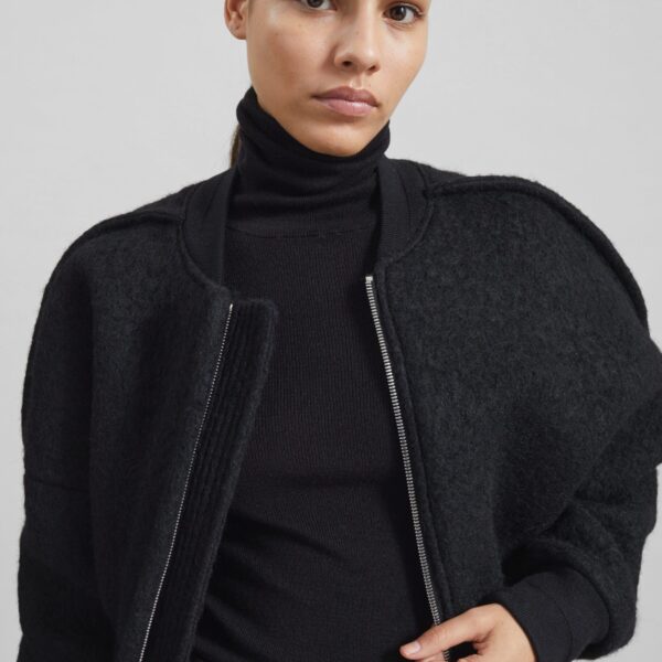The Frankie Shop Dimaro Wool Cropped Bomber Jacket - Black - Oversized Minimalist Jackets in Black - Shop at Coveti