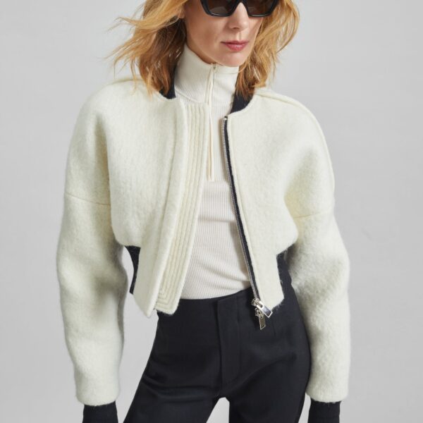 The Frankie Shop Dimaro Wool Cropped Bomber Jacket - Ivory - Oversized Minimalist Jackets in Ivory - Shop at Coveti