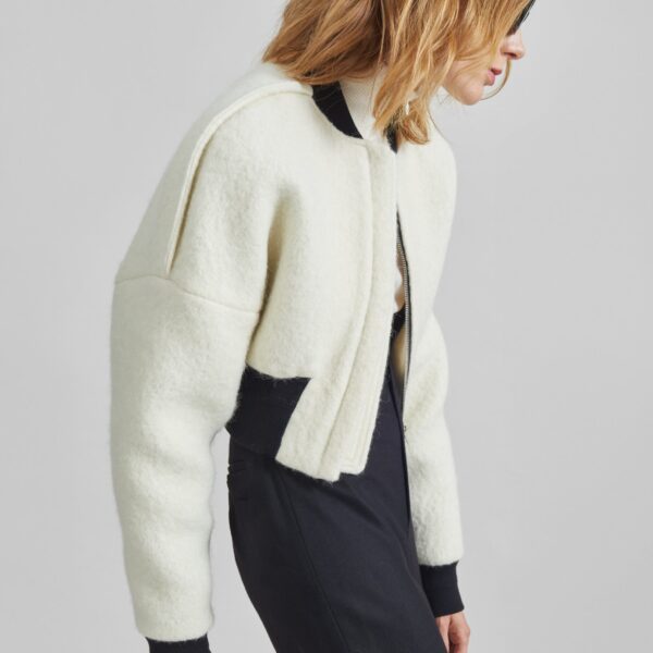 The Frankie Shop Dimaro Wool Cropped Bomber Jacket - Ivory - Oversized Minimalist Jackets in Ivory - Shop at Coveti
