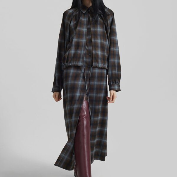 The Frankie Shop Ebell Layered Shirt Dress - Brown Plaid - Oversized Minimalist Dresses in Brown - Shop at Coveti