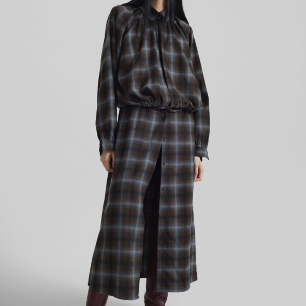 The Frankie Shop Ebell Layered Shirt Dress - Brown Plaid - Oversized Minimalist Dresses in Brown - Shop at Coveti