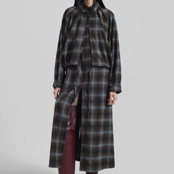 The Frankie Shop Ebell Layered Shirt Dress - Brown Plaid - Oversized Minimalist Dresses in Brown - Shop at Coveti