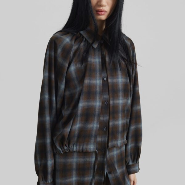 The Frankie Shop Ebell Layered Shirt Dress - Brown Plaid - Oversized Minimalist Dresses in Brown - Shop at Coveti