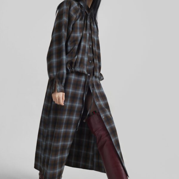 The Frankie Shop Ebell Layered Shirt Dress - Brown Plaid - Oversized Minimalist Dresses in Brown - Shop at Coveti