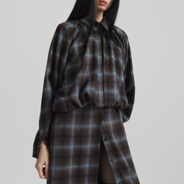 The Frankie Shop Ebell Layered Shirt Dress - Brown Plaid - Oversized Minimalist Dresses in Brown - Shop at Coveti