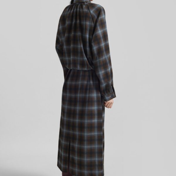 The Frankie Shop Ebell Layered Shirt Dress - Brown Plaid - Oversized Minimalist Dresses in Brown - Shop at Coveti