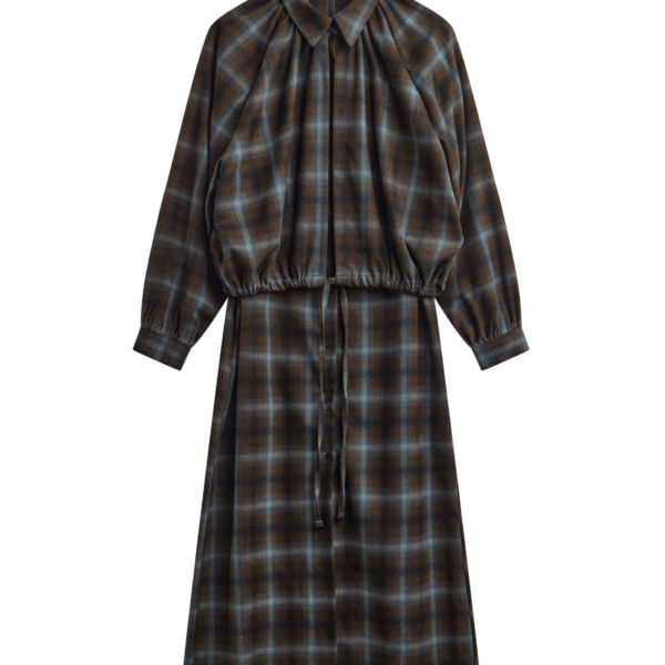 The Frankie Shop Ebell Layered Shirt Dress - Brown Plaid - Oversized Minimalist Dresses in Brown - Shop at Coveti