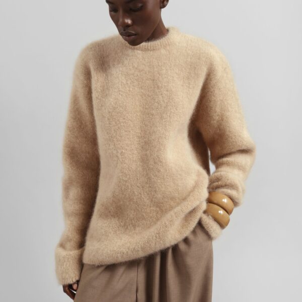 The Frankie Shop Ellery Mohair Crewneck Sweater - Beige - Oversized Minimalist Knitwear in Beige - Shop at Coveti