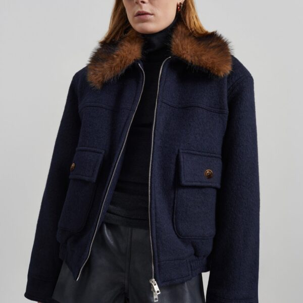 The Frankie Shop Elmont Brushed Wool Quilted Jacket - Dark Navy - Oversized Minimalist Jackets in Blue - Shop at Coveti