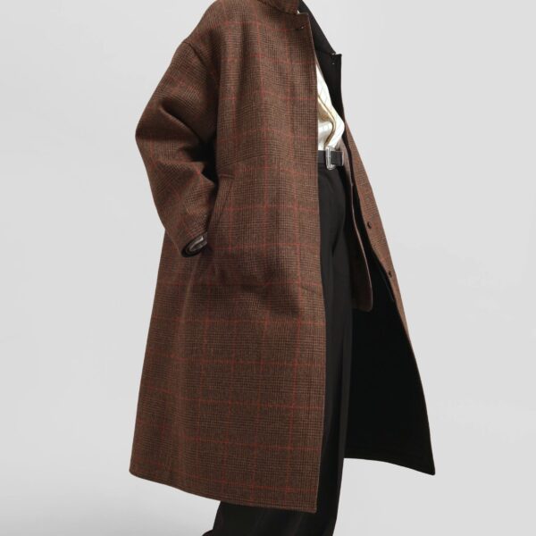 The Frankie Shop Elton Reversible Car Coat - Brown Glen Plaid - Oversized Minimalist Coats in Brown - Shop at Coveti