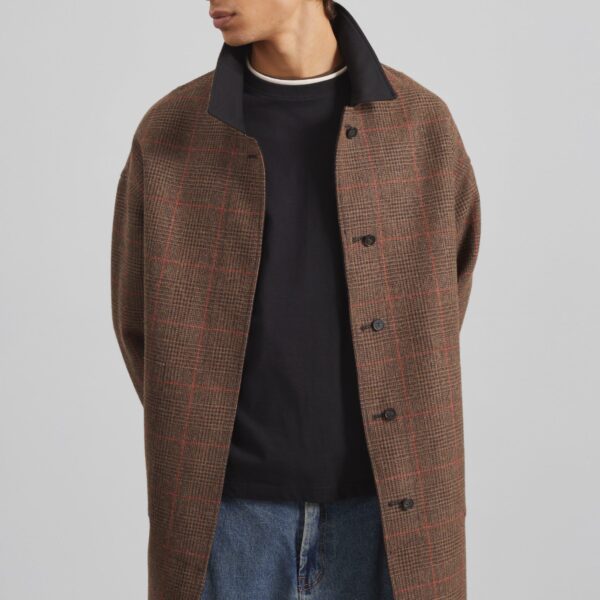 The Frankie Shop Elton Reversible Car Coat - Brown Glen Plaid - Oversized Minimalist Coats in Brown - Shop at Coveti