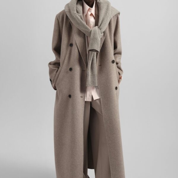 The Frankie Shop Gaia Double Breasted Coat - Taupe Melange - Oversized Minimalist Coats in Brown - Shop at Coveti