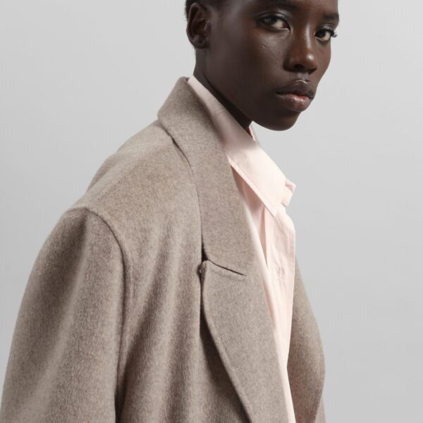 The Frankie Shop Gaia Double Breasted Coat - Taupe Melange - Oversized Minimalist Coats in Brown - Shop at Coveti