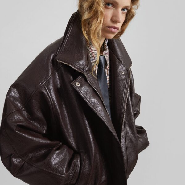 The Frankie Shop Gemonio Faux Leather Jacket - Brown - Oversized Minimalist Jackets in Brown - Shop at Coveti