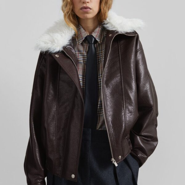 The Frankie Shop Gemonio Faux Leather Jacket - Brown - Oversized Minimalist Jackets in Brown - Shop at Coveti