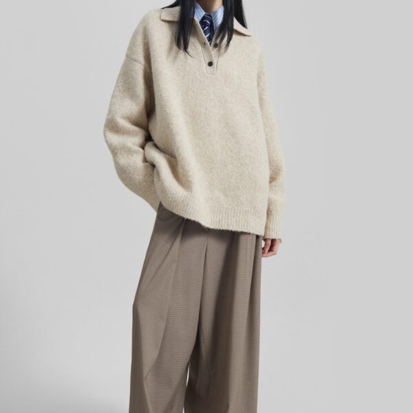 The Frankie Shop Gistel Pleated Pants - Beige Plaid - Oversized Minimalist Pants in Beige - Shop at Coveti