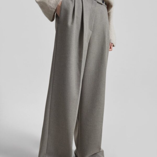 The Frankie Shop Haflso Pleated Wide Trousers - Beige Melange - Oversized Minimalist Pants in Beige - Shop at Coveti
