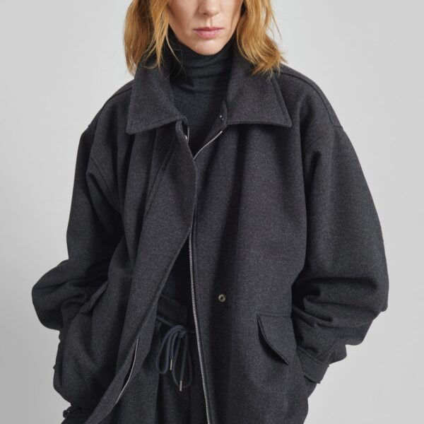 The Frankie Shop Hemavan Faux Fur Lined Jacket - Dark Grey - Oversized Minimalist Jackets in Grey - Shop at Coveti