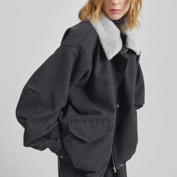 The Frankie Shop Hemavan Faux Fur Lined Jacket - Dark Grey - Oversized Minimalist Jackets in Grey - Shop at Coveti