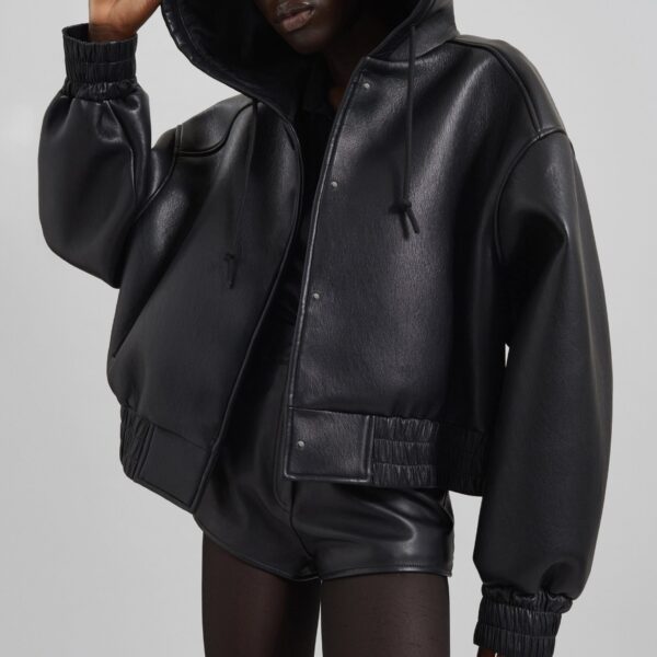 The Frankie Shop Jackson Faux Leather Bonded Bomber - Black - Oversized Minimalist Jackets in Black - Shop at Coveti