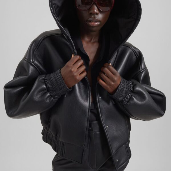 The Frankie Shop Jackson Faux Leather Bonded Bomber - Black - Oversized Minimalist Jackets in Black - Shop at Coveti