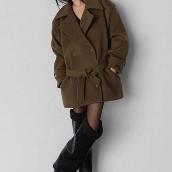 The Frankie Shop Kalmar Wool Peacoat - Pale Olive - Oversized Minimalist Coats in Green - Shop at Coveti