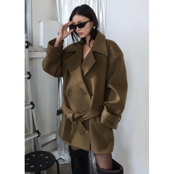The Frankie Shop Kalmar Wool Peacoat – Pale Olive Coat, view 6