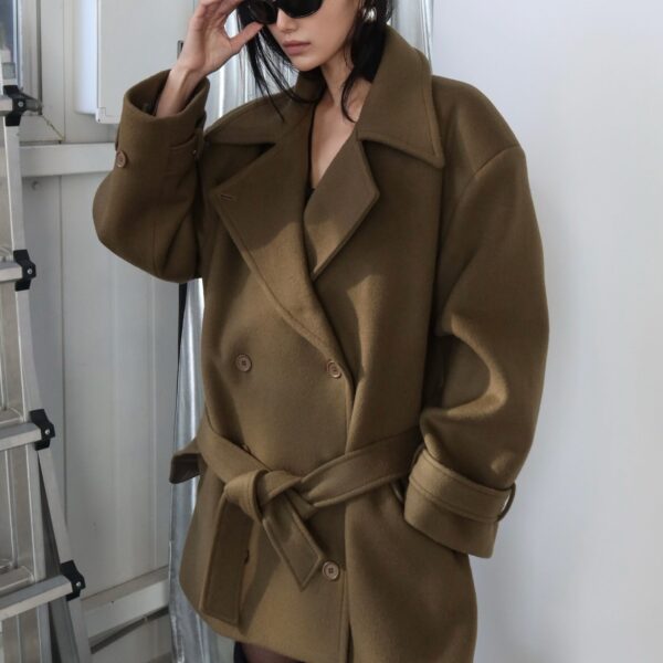 The Frankie Shop Kalmar Wool Peacoat - Pale Olive - Oversized Minimalist Coats in Green - Shop at Coveti