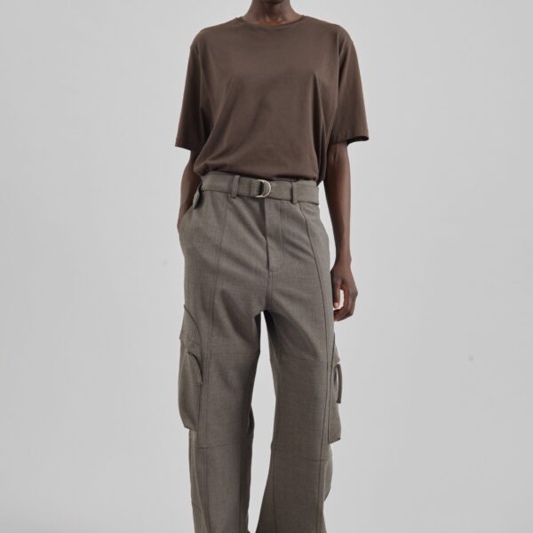 The Frankie Shop Kelly Double Weave Cargo Pants - Taupe Melange - Oversized Minimalist Pants in Brown - Shop at Coveti