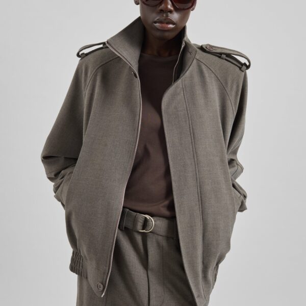 The Frankie Shop Kelly Padded Double Weave Blouson - Taupe Melange - Oversized Minimalist Jackets in Brown - Shop at Coveti