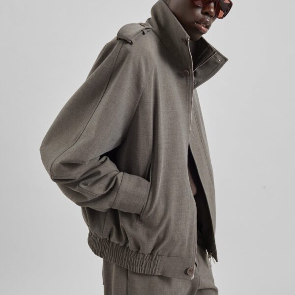 The Frankie Shop Kelly Padded Double Weave Blouson - Taupe Melange - Oversized Minimalist Jackets in Brown - Shop at Coveti