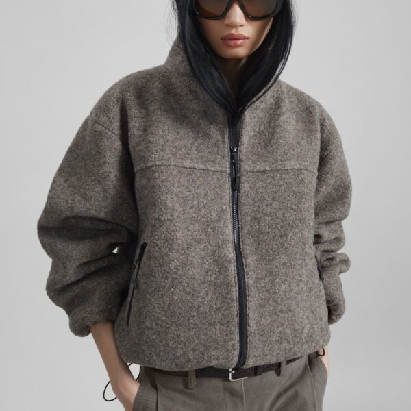 The Frankie Shop Kenei Fleece Zip Jacket - Greige Melange - Oversized Minimalist Jackets in Green - Shop at Coveti