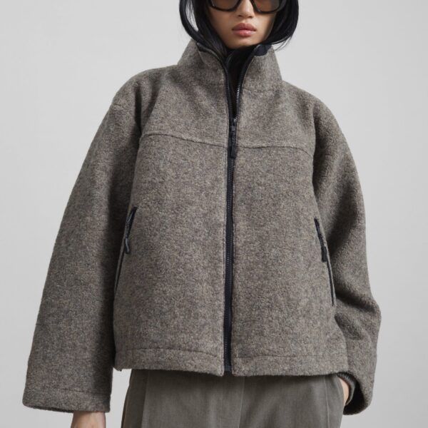 The Frankie Shop Kenei Fleece Zip Jacket - Greige Melange - Oversized Minimalist Jackets in Green - Shop at Coveti