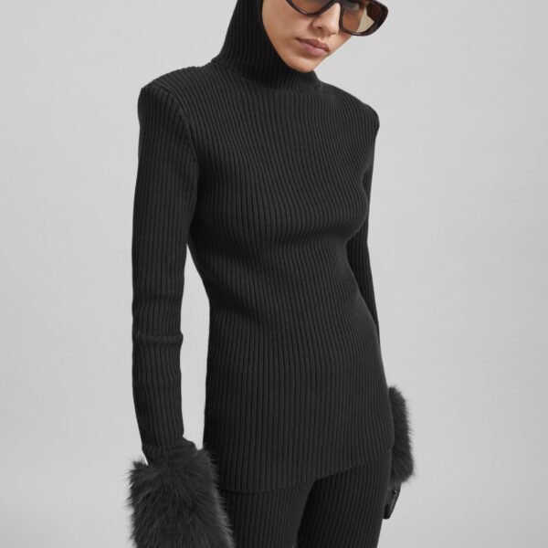 The Frankie Shop Larice Hooded Knit Top - Black - Oversized Minimalist Knitwear in Black - Shop at Coveti