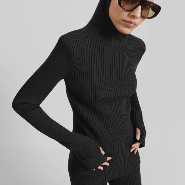 The Frankie Shop Larice Hooded Knit Top - Black - Oversized Minimalist Knitwear in Black - Shop at Coveti