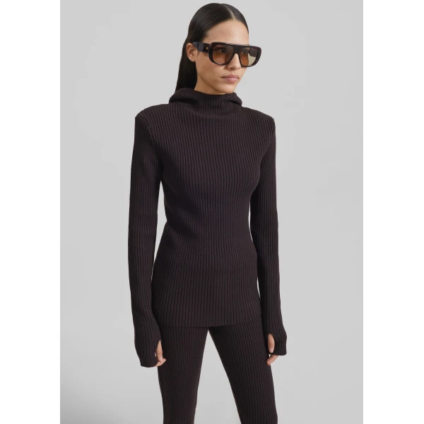 The Frankie Shop Larice Hooded Knit Top – Brown, view 4