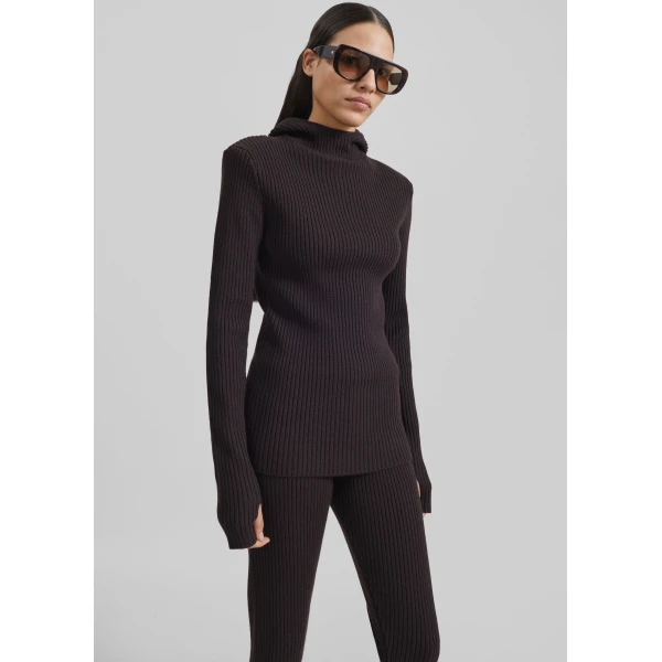 The Frankie Shop Larice Hooded Knit Top – Brown, view 6