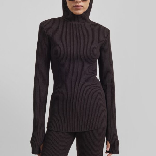 The Frankie Shop Larice Hooded Knit Top - Brown - Oversized Minimalist Knitwear in Brown - Shop at Coveti