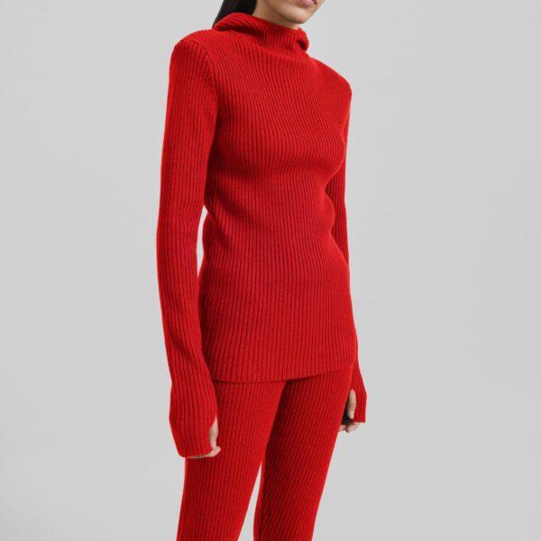 The Frankie Shop Larice Hooded Knit Top - Red - Oversized Minimalist Knitwear in Red - Shop at Coveti