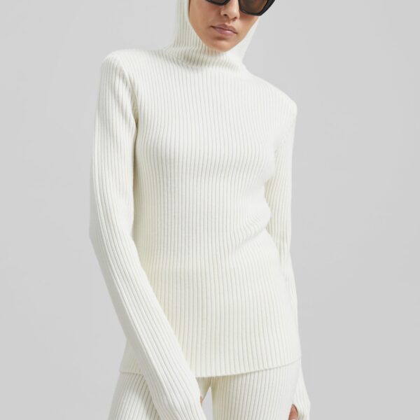 The Frankie Shop Larice Hooded Knit Top - White - Oversized Minimalist Knitwear in White - Shop at Coveti